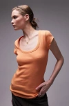 Topshop Ribbed Scoop Neck Cap Sleeve Top In Orange