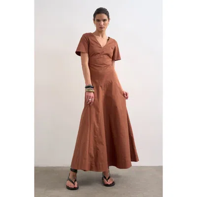 Topshop Seamed V-neck A-line Midi Dress In Brown