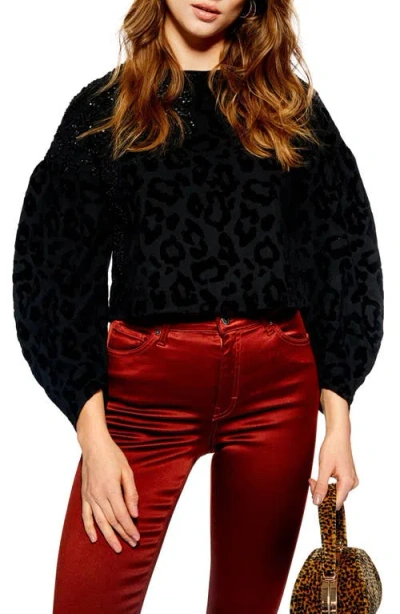 Topshop Sequin Embellished Leopard Sweater In Black
