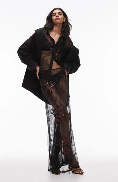 Topshop Sequin Embellished Sheer Lace Maxi Skirt In Black