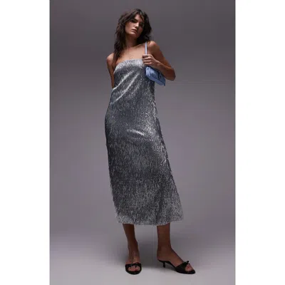 Topshop Sequin Fringe Strapless Midi Dress In Silver