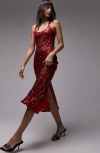 Topshop Sheer Sequin Cami Midi Slip Dress In Red In Red