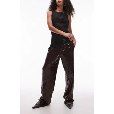Topshop Sequin Straight Leg Pants In Burgundy