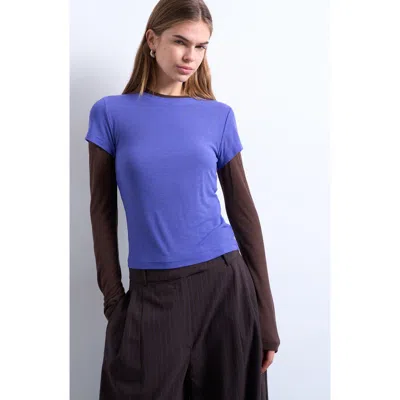 Topshop Sheer Rib Double Layer Long Sleeve Top In Blue