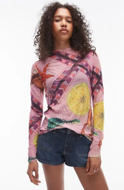 Topshop Crinkle Shell Print Long Sleeve Top In Multi