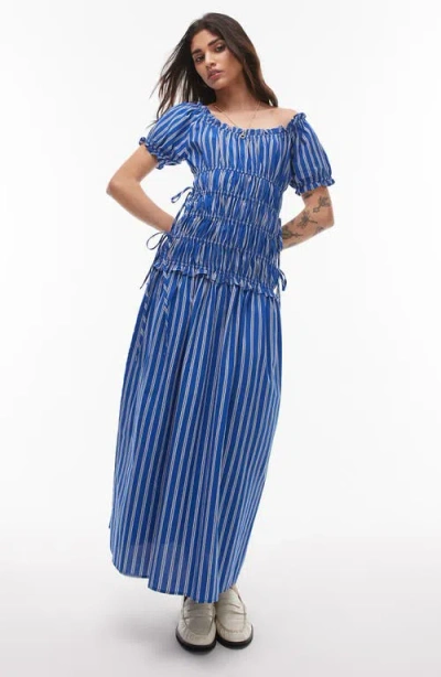 Topshop Shirred Bodice Maxi Dress In Mid Blue