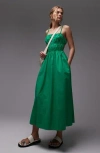 Topshop Shirred Cutout Cotton Poplin Midi Sundress In Green