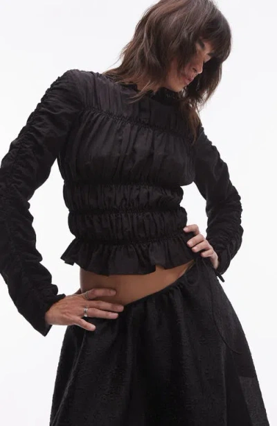 Topshop Shirred Long Sleeve Top In Black