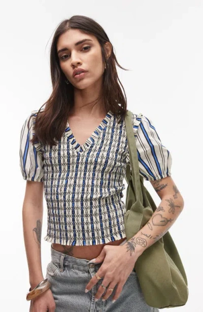 Topshop Shirred Puff Sleeve Crop Top In Multi