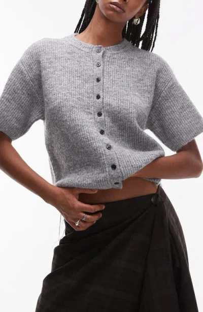 Topshop Short Sleeve Cardigan In Grey