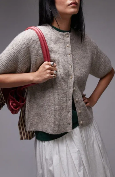 Topshop Short Sleeve Cardigan In Stone