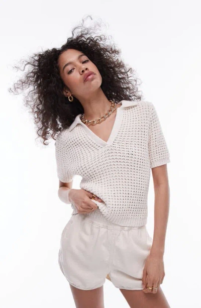 Topshop Knit Chunky Polo Top In Cream-white