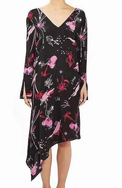 Topshop Silk Asymmetrical Hem Floral Print Dress In Black