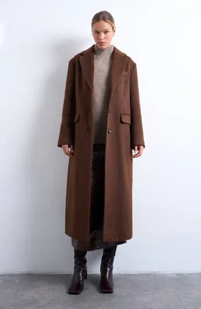 Topshop Single Breasted Longline Coat In Brown