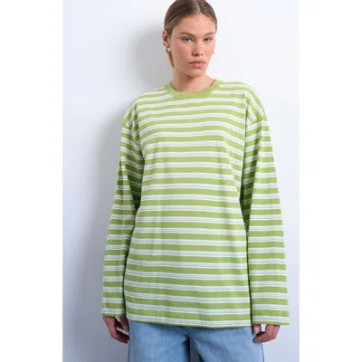 Topshop Skater Stripe Oversize Long Sleeve Cotton T-shirt In Green