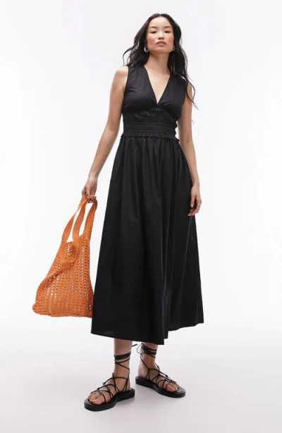 Topshop V Neck Chaneled Poplin Midi Dress In Black
