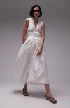 Topshop V Neck Channeled Poplin Midi Dress In Ivory-white
