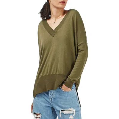 Topshop Slouchy V-neck Sweater In Green
