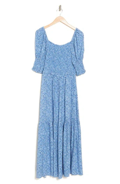 Topshop Smocked Midi Dress In Blue Multi