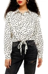 Topshop Spot Drawstring Waist Blouse In Beige