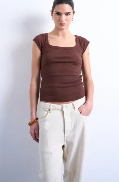 Topshop Square Neck Cap Sleeve Stretch Cotton Rib Top In Brown