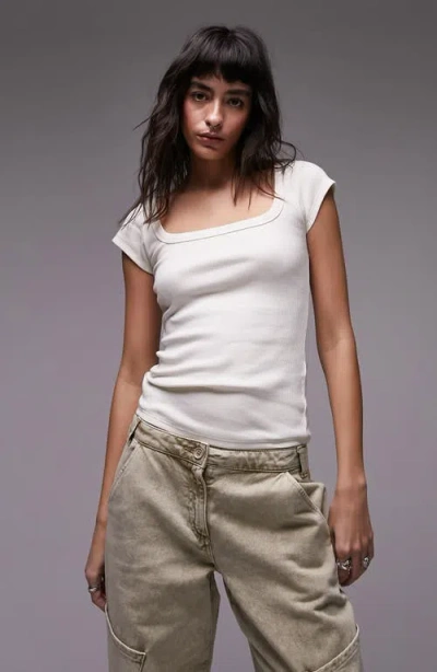 Topshop Square Neck Rib Cap Sleeve Top In Ecru-white