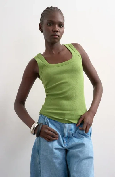 Topshop Square Neck Stretch Cotton Rib Tank In Green