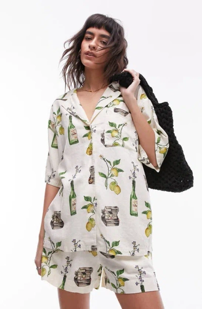 Topshop Still Life Print Linen Blend Short Sleeve Button-up Shirt In White