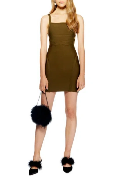 Topshop Strap Side Bandage Body-con Dress In Green