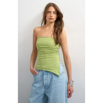 Topshop Strapless Ruched Asymmetric Hem Stretch Cotton Top In Green