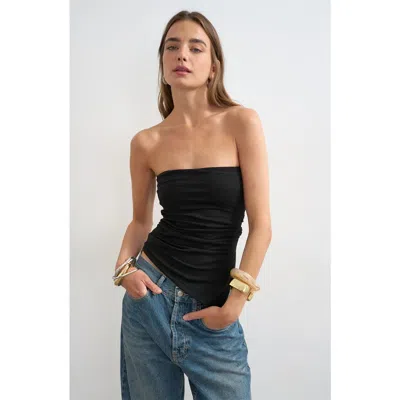 Topshop Strapless Ruched Side Slit Stretch Cotton Top In Black