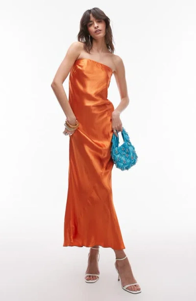 Topshop Strapless Satin Maxi Dress In Orange