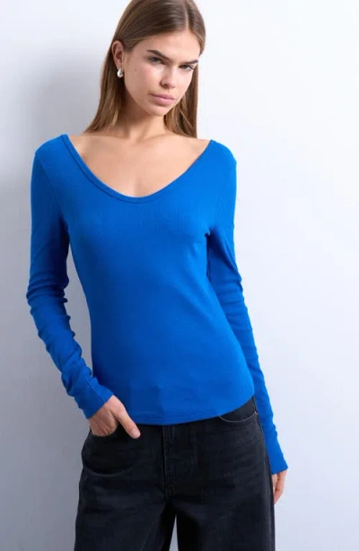 Topshop Stretch Cotton Rib Top In Blue
