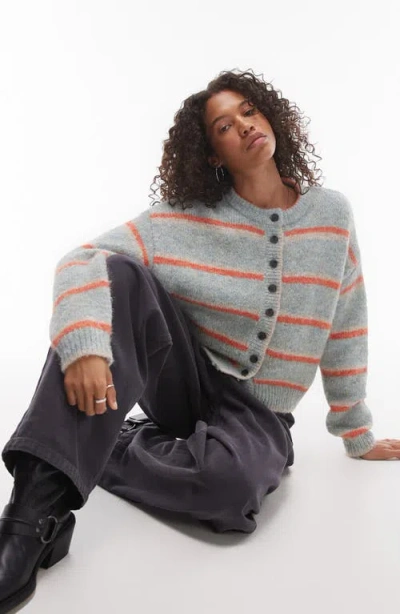 Topshop Stripe Boxy Cardigan In Light Blue Multi