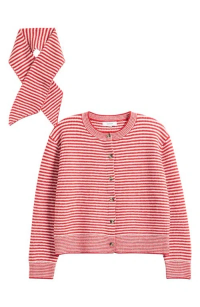 Topshop Stripe Cardigan & Scarf Set In Pink