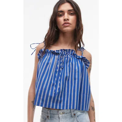 Topshop Ruched Off The Shoulder Top In Blue
