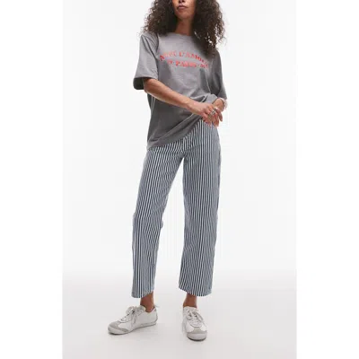 Topshop Stripe Crop Straight Leg Cotton Pants In Gray