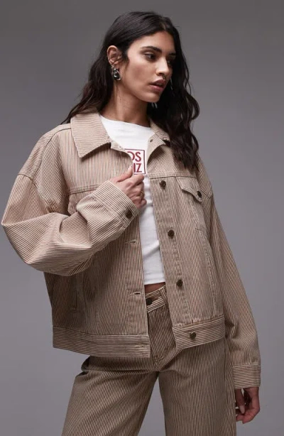 Topshop Stripe Denim Balloon Sleeve Jacket In Neutral