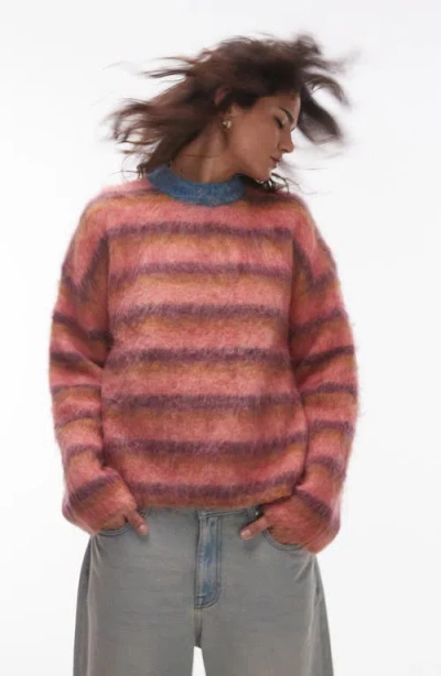 Topshop Stripe Fluffy Crewneck Jumper In Pink Multi