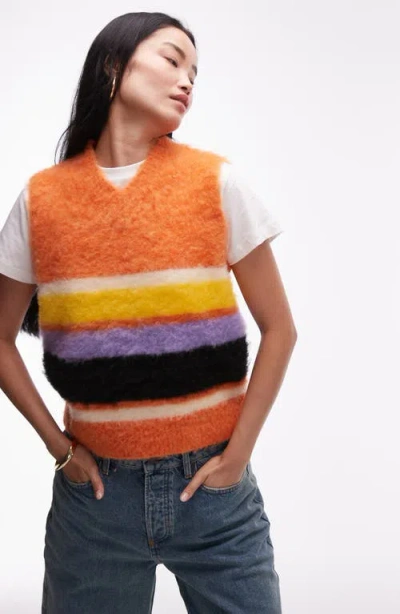 Topshop Stripe Fluffy Sweater Vest In Orange Multi