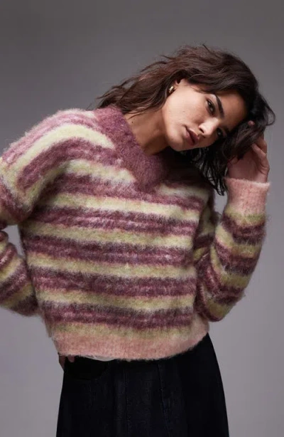 Topshop Stripe Fluffy V-neck Sweater In Burgundy Multi