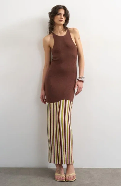 Topshop Stripe Hem Knit Halter Maxi Dress In Brown