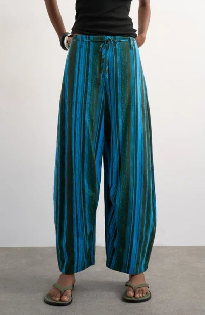Topshop Stripe Linen Blend Barrel Pants In Blue