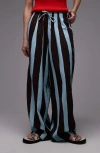 Topshop Stripe Linen Blend Drawstring Pants In Blue