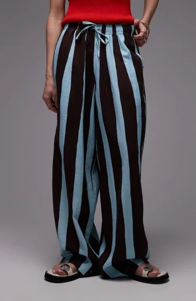 Topshop Stripe Linen Blend Drawstring Pants In Blue