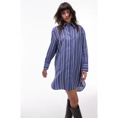 Topshop Stripe Long Sleeve Satin Shirtdress In Blue Multi