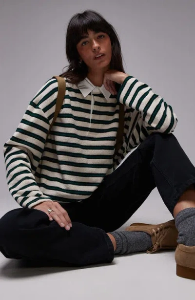 Topshop Stripe Long Sleeve Terry Cloth Polo In Ecru Multi