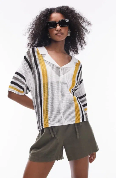 Topshop Knitted Open Stitch Stripe Polo Shirt In Multi