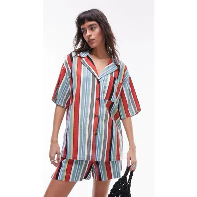 Topshop Stripe Oversize Linen Blend Button-up Shirt In Multi
