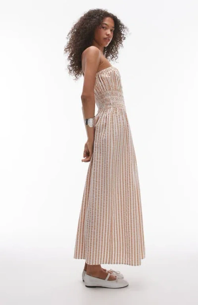 Topshop Stripe Strapless Cotton Seersucker Cover-up Maxi Dress In Brown